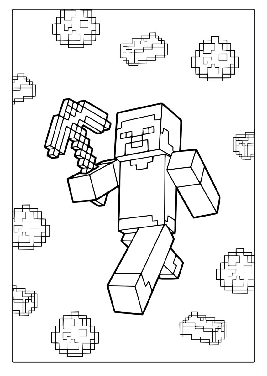 Desenho de Steve flutuando entre blocos para imprimir e colorir