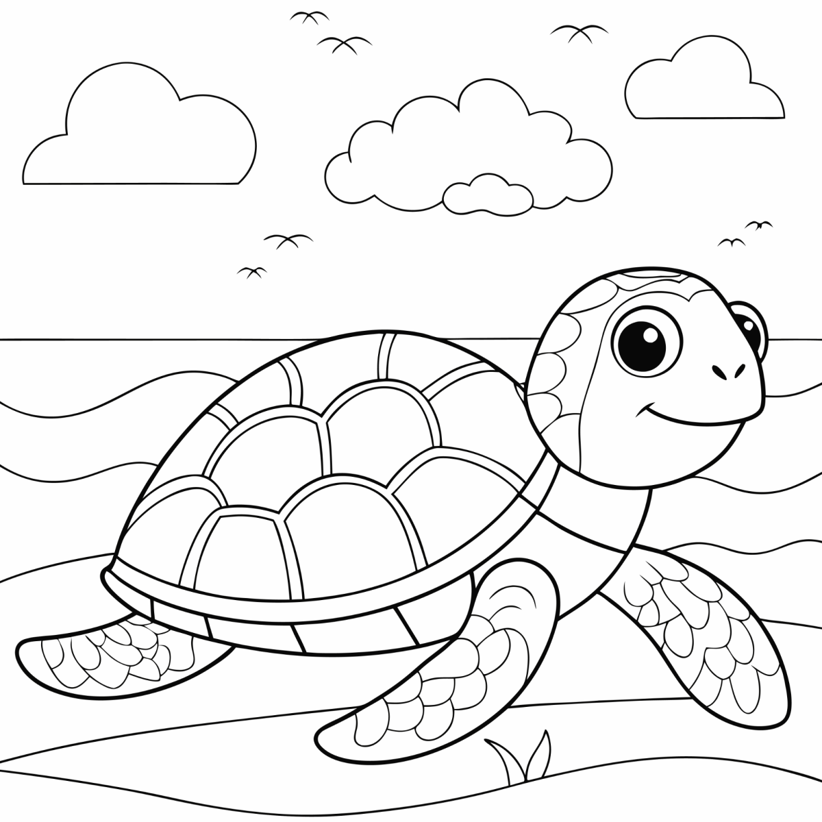 Desenho de Tartaruga-marinha chegando na areia para imprimir e colorir