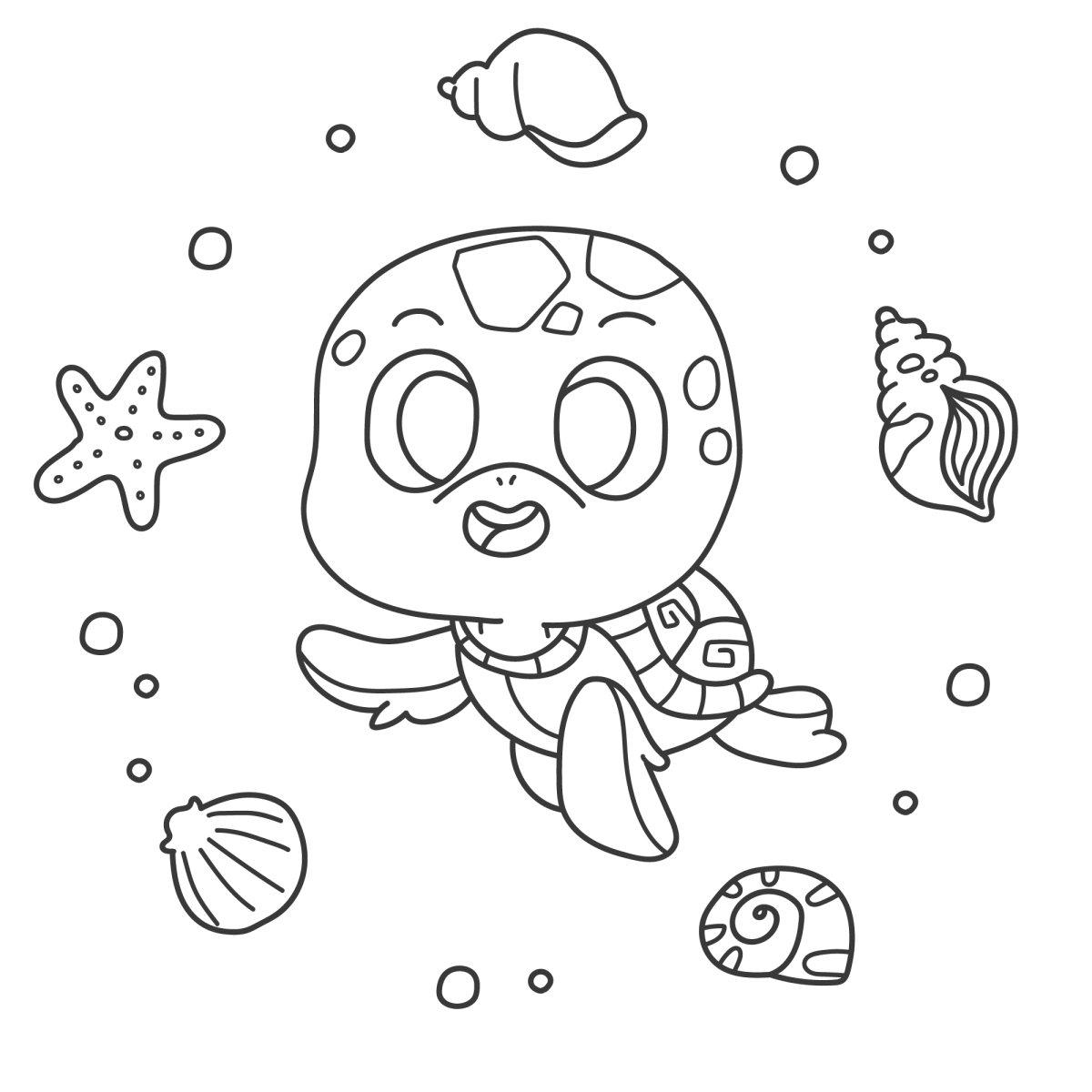 Desenho de Tartaruga-marinha com conchas e estrela-do-mar para imprimir e colorir