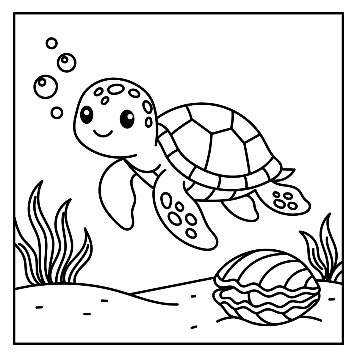 Desenho de Tartaruga-marinha e uma concha no mar para imprimir e colorir