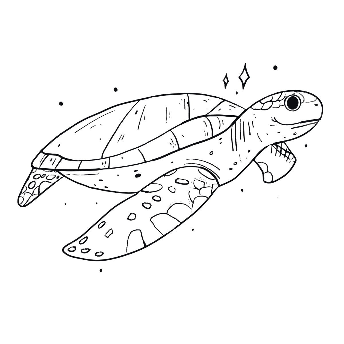 Desenho de Tartaruga-marinha entre bolhas e ondas para imprimir e colorir