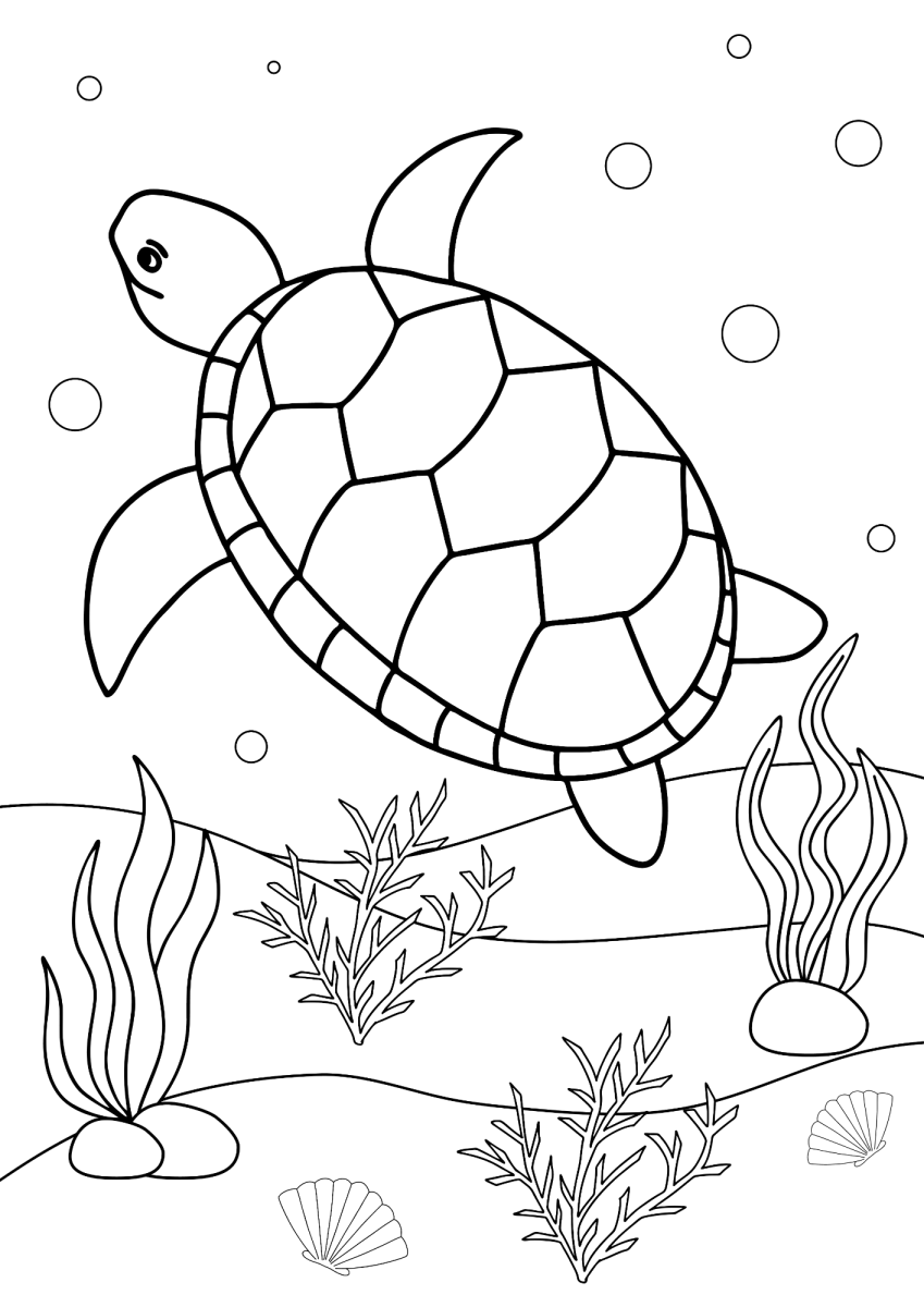 Desenho de Tartaruga-marinha grande no mar profundo para imprimir e colorir