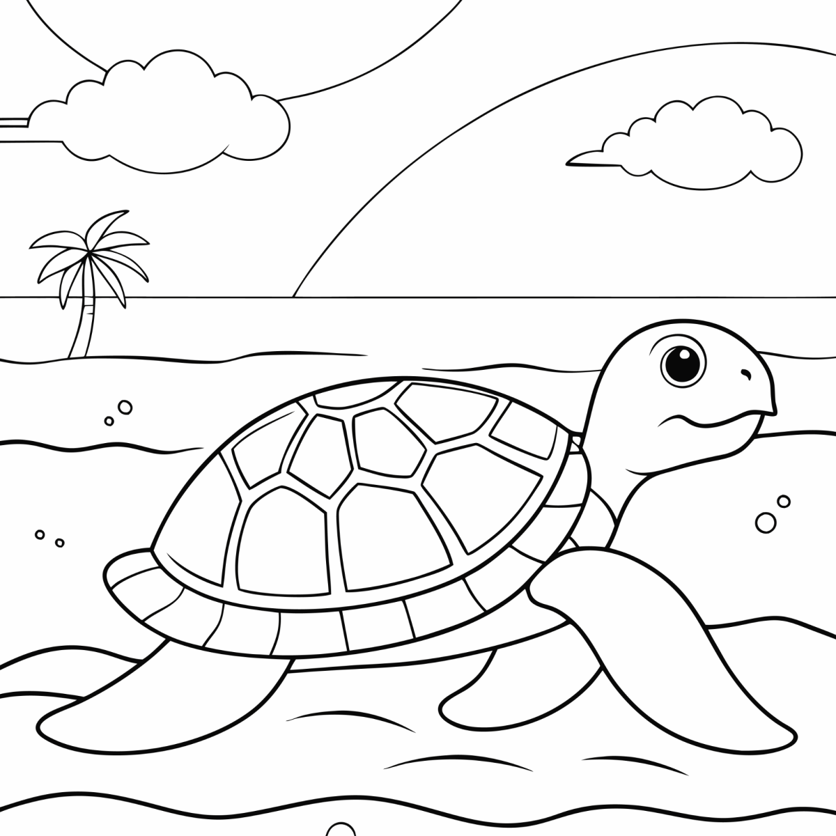 Desenho de Tartaruga-marinha na praia com coqueiro para imprimir e colorir