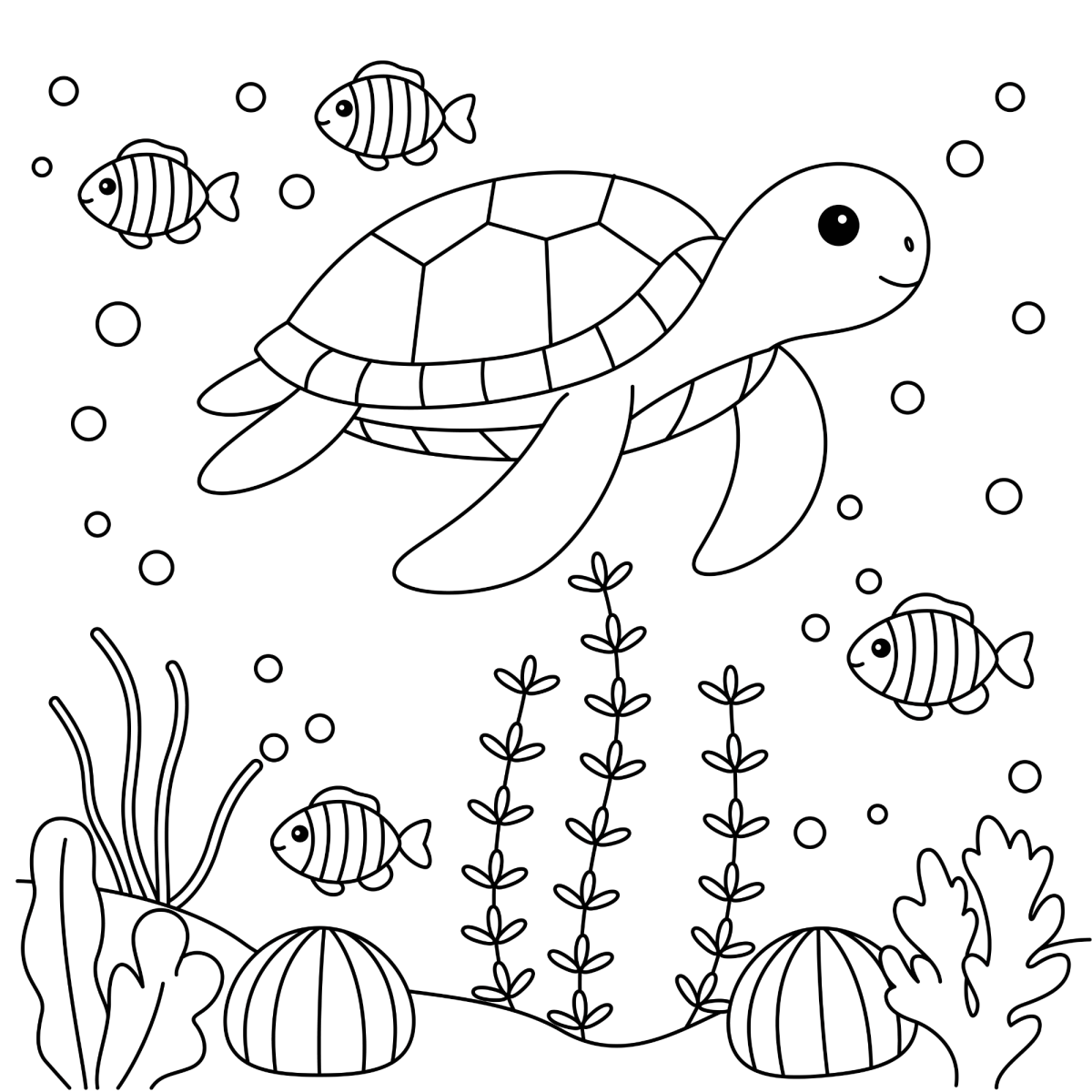 Desenho de Tartaruga-marinha nadando com peixinhos para imprimir e colorir