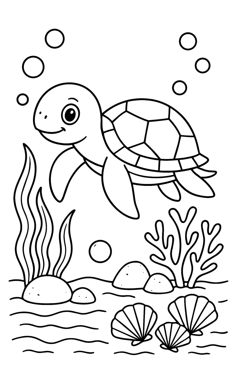 Desenho de Tartaruga-marinha nadando sobre as conchas para imprimir e colorir