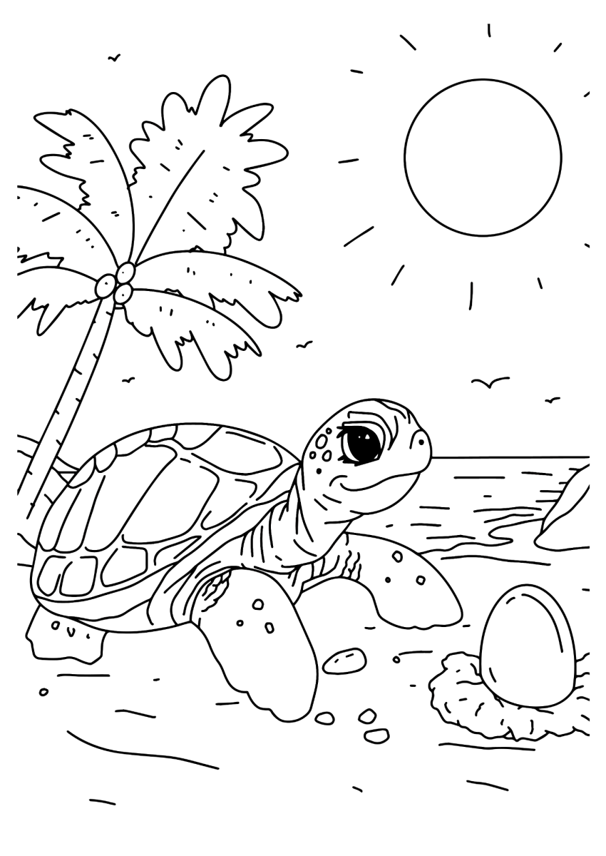 Desenho de Tartaruga-marinha saindo do ninho na praia para imprimir e colorir