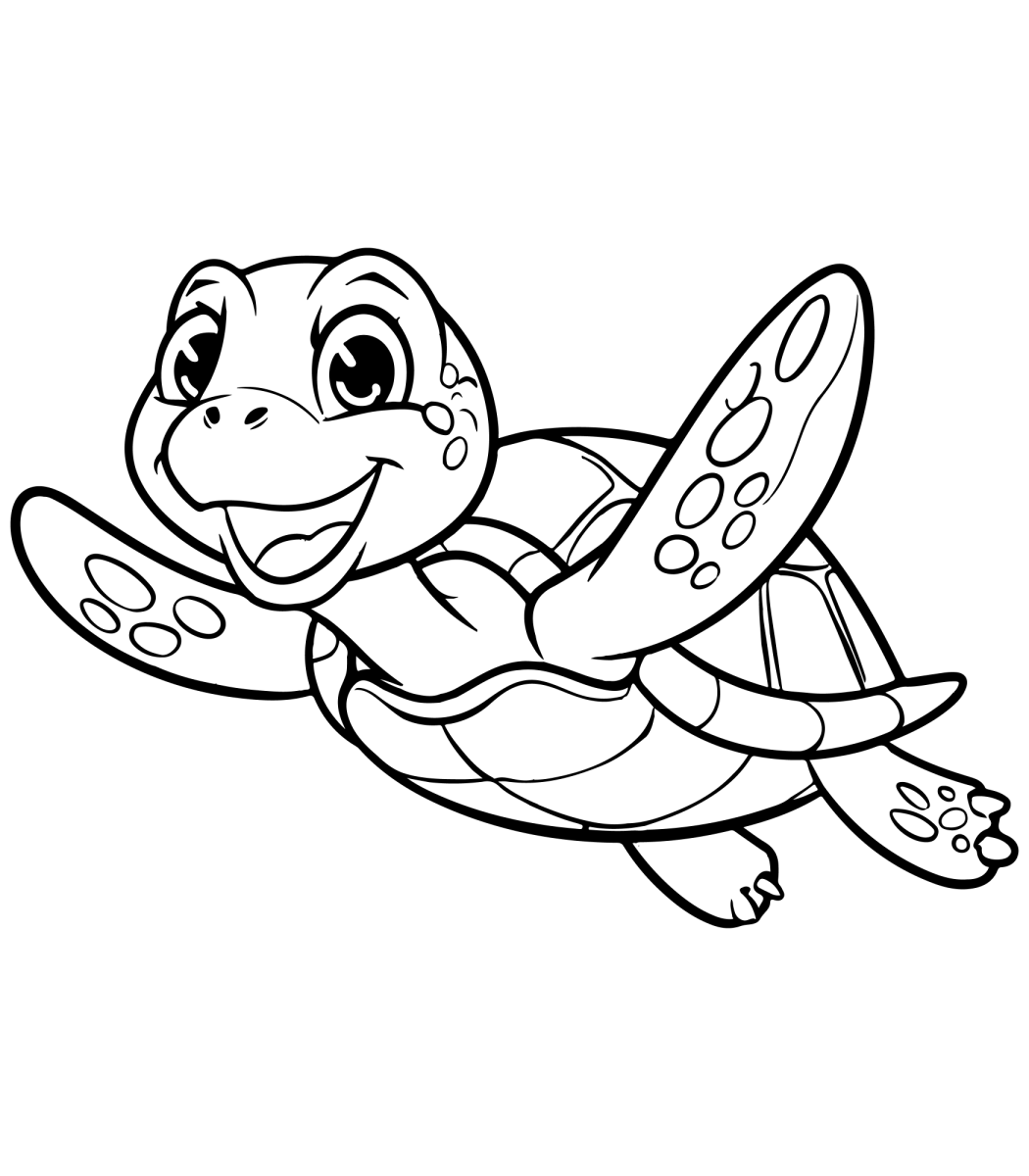 Desenho de Tartaruga-marinha sorridente de nadadeiras abertas para imprimir e colorir