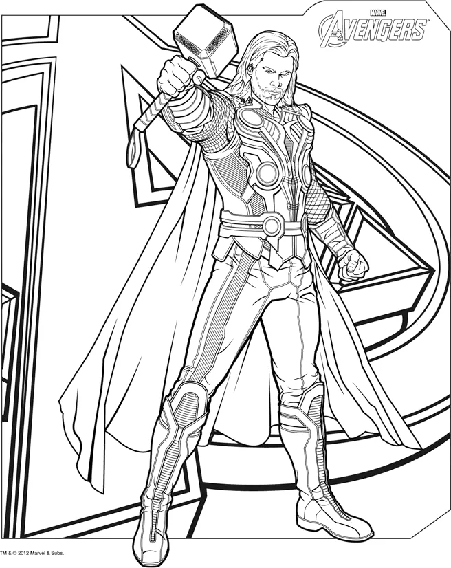 Desenho de Thor com sua capa e martelo para imprimir e colorir