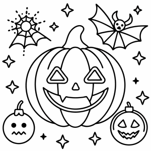 Abóbora com morcego, aranha e estrelinhas para colorir