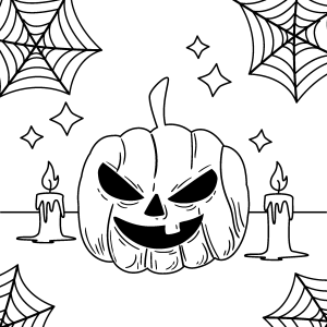 Abóbora malvada entre velas e teias de aranha para colorir