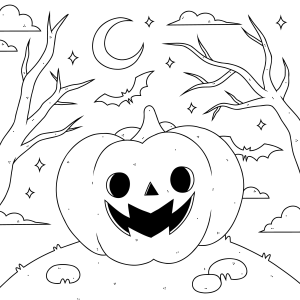 Abóbora sorridente sob a árvore na noite de Halloween para colorir