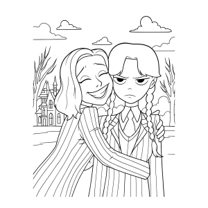 Abraço de Mortícia e Wandinha para colorir