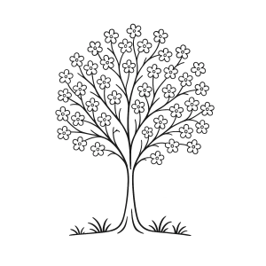 Árvore com flores e grama para colorir