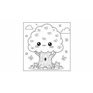 Árvore fofa com casinha de passarinho para colorir