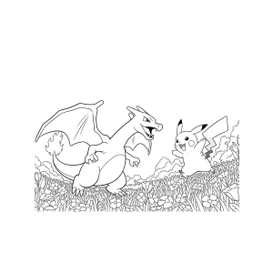 Charizard e Pikachu no campo para colorir