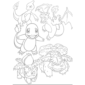 Charmander, Squirtle e Bulbasaur, os iniciais para colorir