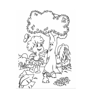 Curupira ao lado da árvore para colorir