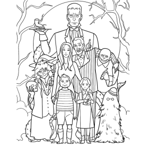 Família Addams na floresta sombria para colorir