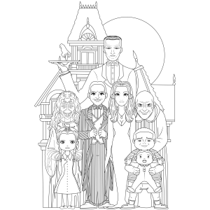 Família Addams no salão da mansão para colorir