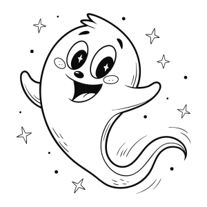 Fantasma alegre voando entre estrelas para colorir