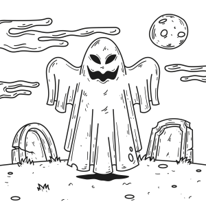 Fantasma assustador entre lápides para colorir