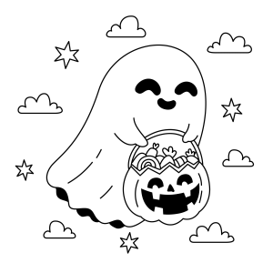 Fantasma com balde de doces de abóbora para colorir