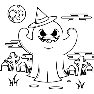 Fantasma com chapéu de bruxa no cemitério para colorir