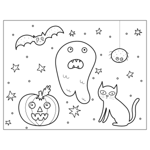 Fantasma com gato preto e abóbora para colorir