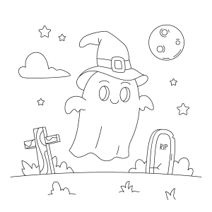 Fantasma de chapéu no cemitério enluarado para colorir