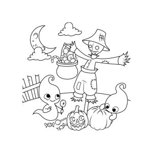 Fantasmas e Espantalho em Noite de Halloween
