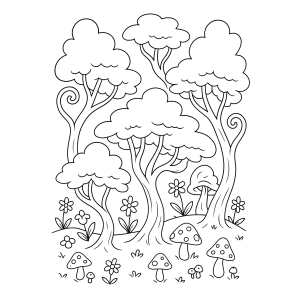 Floresta com cogumelos e flores para colorir