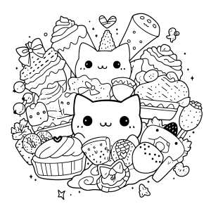 Gatinhos Kawaii em Festa de Doces