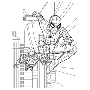 Homem-Aranha e Homem de Ferro em ação na cidade para colorir