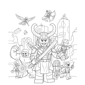 Loki em versão LEGO com seu cetro para colorir