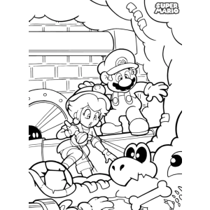 Mario, Peach e Yoshi no jardim para colorir