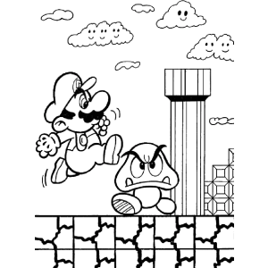 Mario pulando sobre o Goomba para colorir