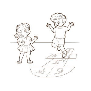 Menina e menino pulando amarelinha para colorir