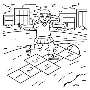 Menina jogando amarelinha na calçada para colorir