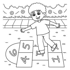 Menino brincando de amarelinha no pátio para colorir