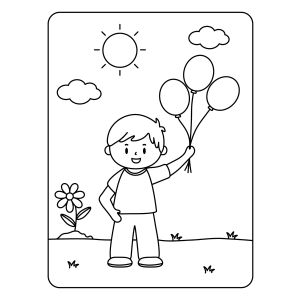 Menino com balões no jardim ensolarado para colorir
