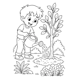 Menino cuidando da mudinha para colorir