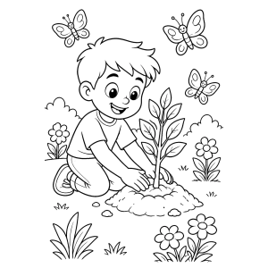 Menino plantando entre borboletas para colorir