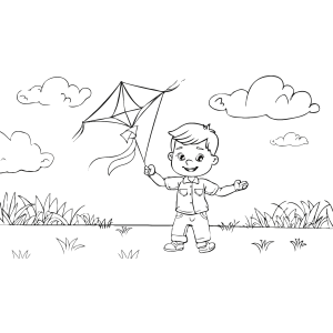 Menino soltando pipa no campo para colorir