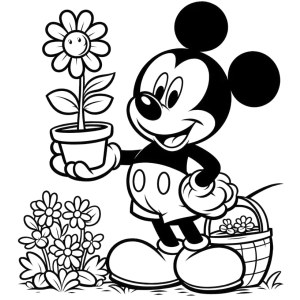 Mickey regando um vaso de flor para colorir