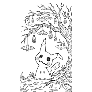 Mimikyu debaixo da árvore para colorir