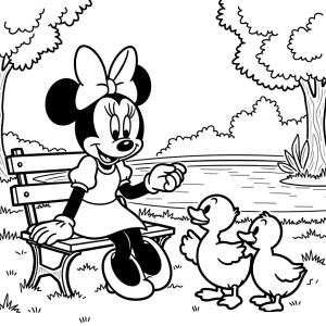 Minnie no banco do parque com os patinhos para colorir