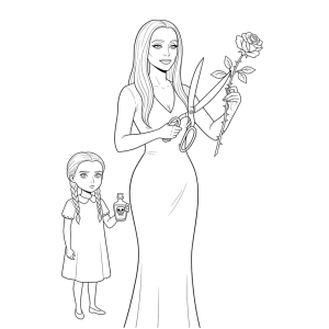 Morticia segurando uma rosa para colorir