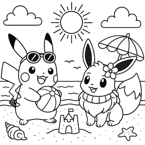 Pikachu e Eevee na praia para colorir