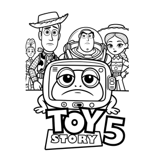Pôster de Toy Story 5 com a turma completa para colorir