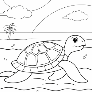 Tartaruga-marinha na praia com coqueiro para colorir